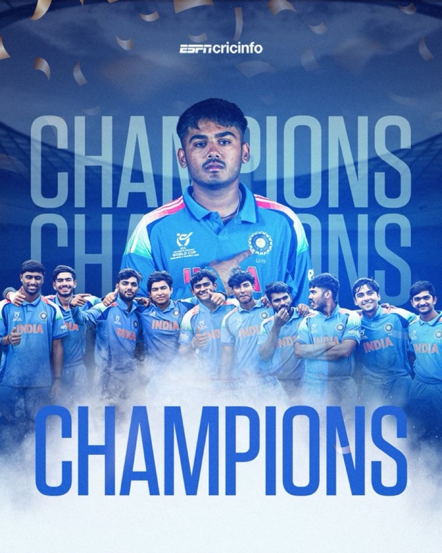 അണ്ടർ-19 ലോകകപ്പ് ഇന്ത്യയ്ക്ക്; ഇംഗ്ലണ്ടിനെ 100 റൺസിന് തകർത്തു ആറാം കിരീടം