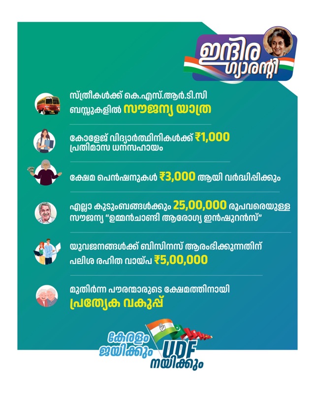 കേരളത്തിന് യു.ഡി.എഫിന്റെ ഉറപ്പുകൾ; സ്ത്രീകൾക്ക് കെ.എസ്.ആർ.ടി.സി ബസുകളിൽ സൗജന്യ യാത്ര, സാമൂഹിക പെൻഷൻ 3000 രൂപ