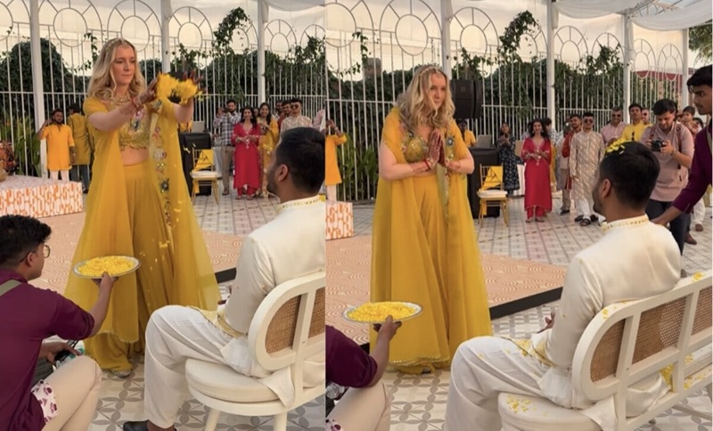 പൂക്കൾ വിതറി വേദിയിലേക്കെത്തിയ നവവധു; രാജസ്ഥാനി നൃത്തച്ചുവടുകൾ കൊണ്ട് വരനെയും അതിഥികളെയും അമ്പരിപ്പിച്ചു