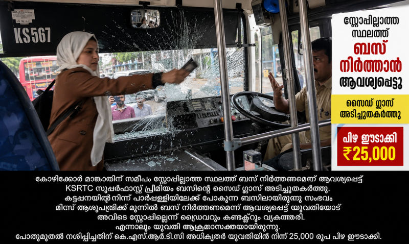 സ്റ്റോപ്പില്ലാത്ത സ്ഥലത്ത് ബസ് നിർത്തണമെന്ന് ആവശ്യം: യുവതി കെ.എസ്.ആർ.ടി.സി ബസിന്റെ ഗ്ലാസ് അടിച്ചുതകർത്തു